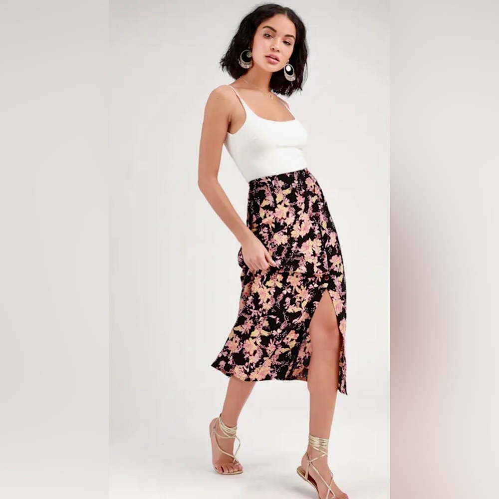 Free People Retro Love Black Floral Print Button Front Midi Skirt